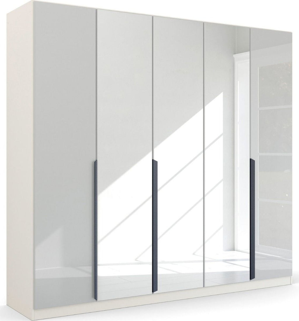 Oakwood Rauch White Glass With Mirror Modern Quadra Spin 5 Door Hinged 226CM Wardrobe