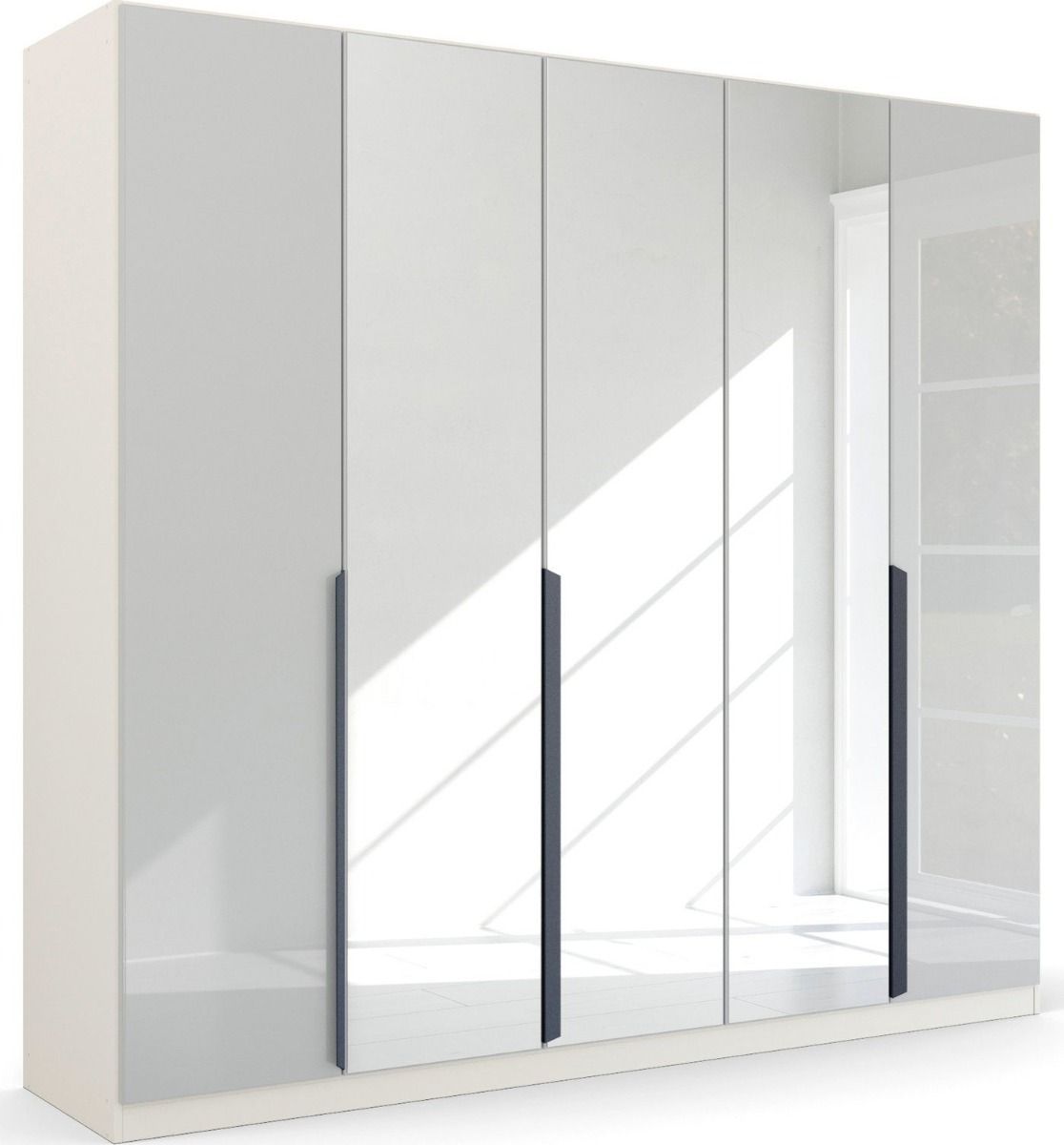 Oakwood Rauch White Glass With Mirror Modern Quadra Spin 5 Door Hinged 226CM Wardrobe
