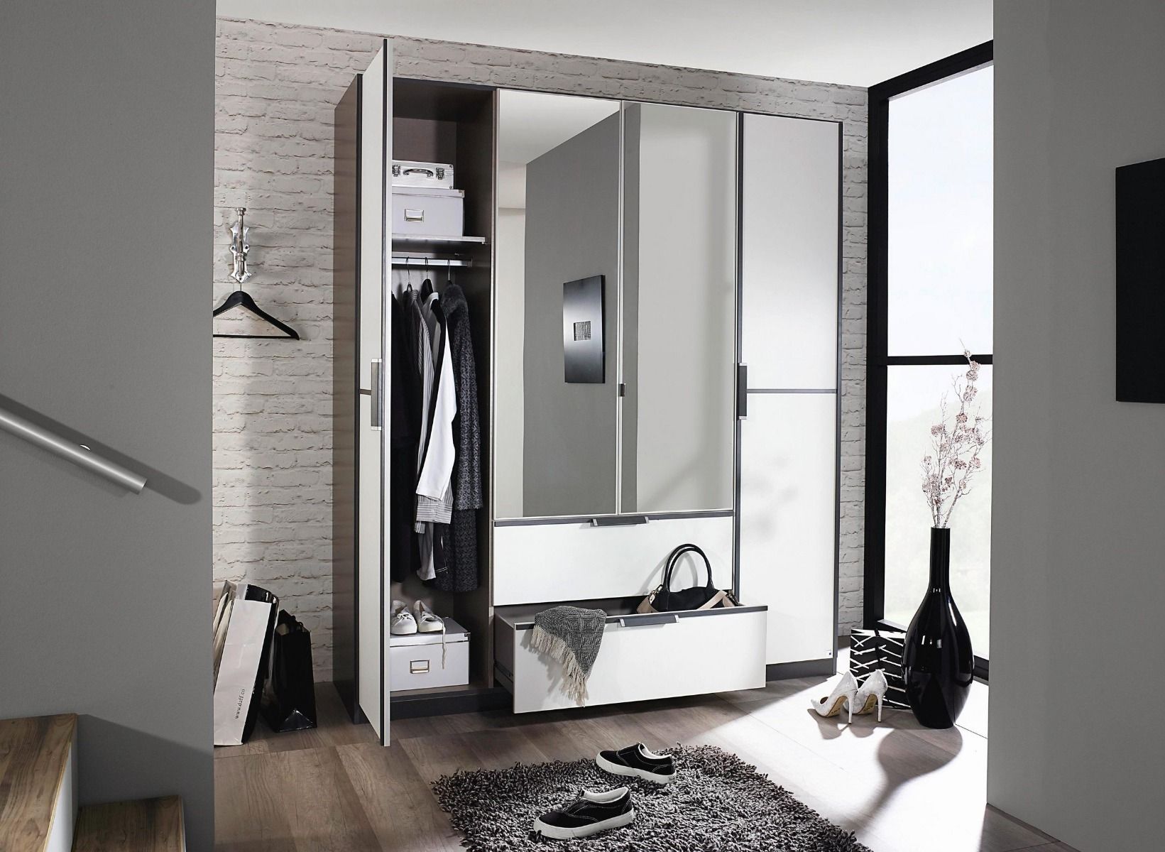 Oakwood Rauch Essensa White Glass Front and Metallic Grey Corner Wardrobe