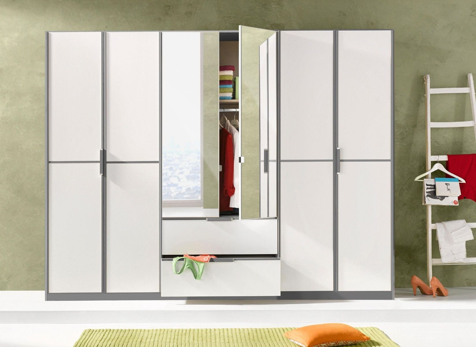 Oakwood Rauch Essensa White Glass Front Combi Hinged Door Wardrobe