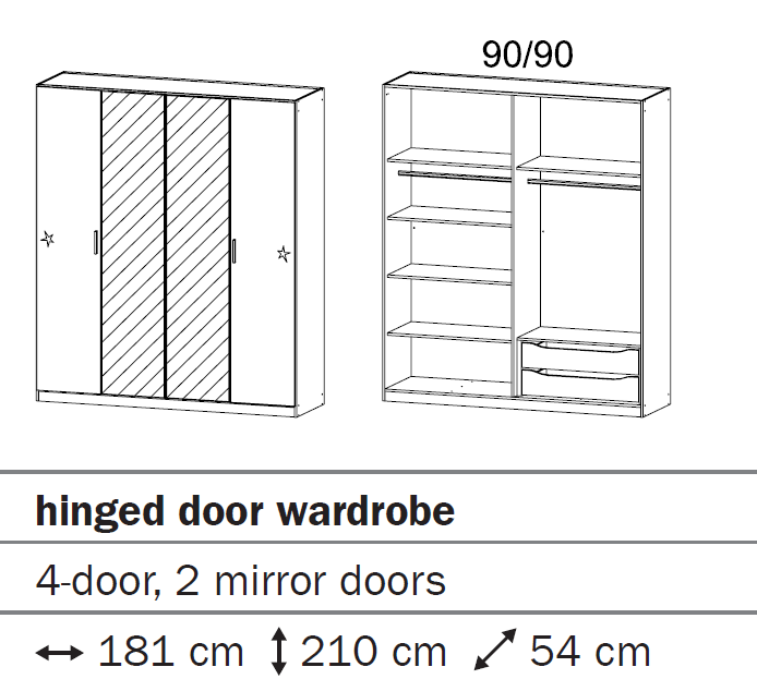 Oakwood Rauch Stuttgart High Gloss White 4 Hinged Door Wardrobe With Premium Interior W181 x H210CM