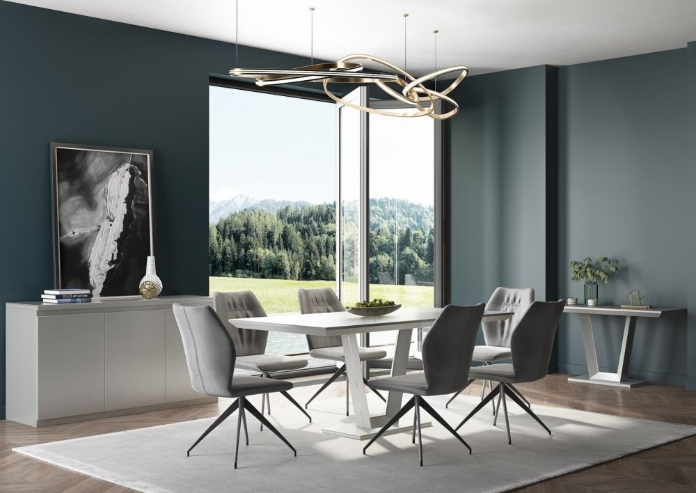 Oakwood Zanetti Matt Grey Glass Extending Dining Table With Cavello Dining Chairs