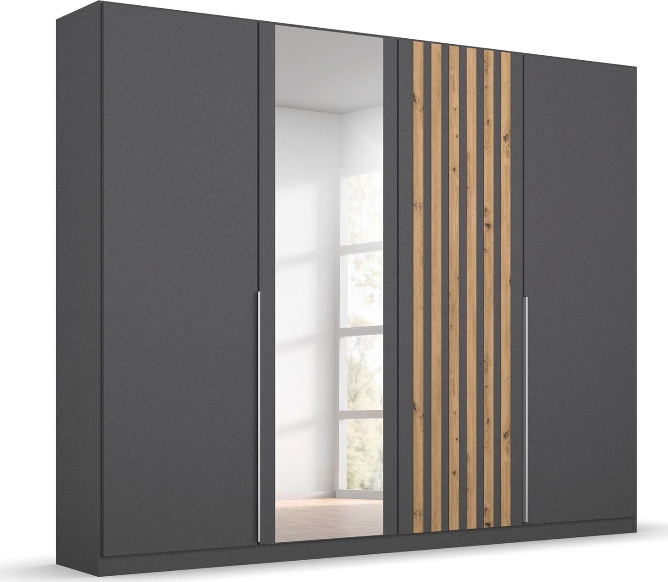 Oakwood Rauch Lamella Metallic Grey artisan oak and Mirror Front Hinged Wardrobe