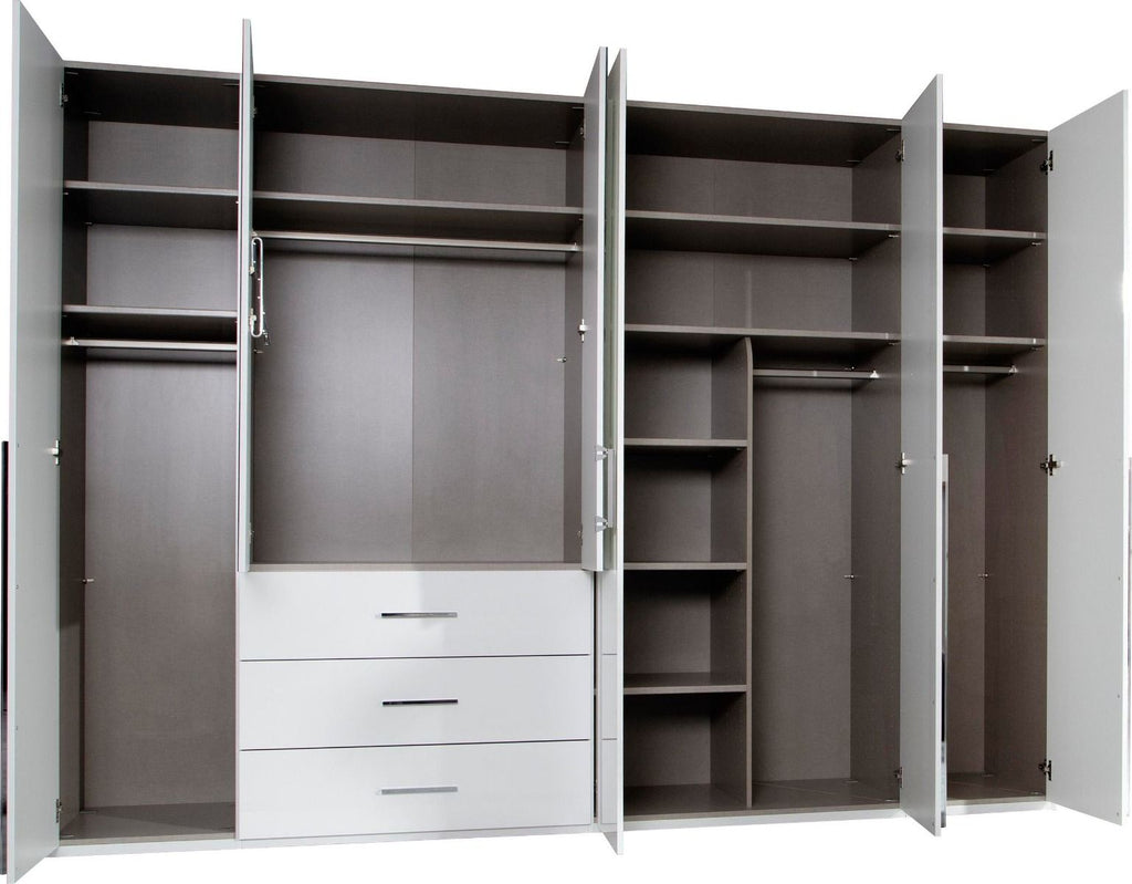 Oakwood Rauch Montclar 6 Door Hinged Combi High Gloss White Wardrobe with Premium Interior