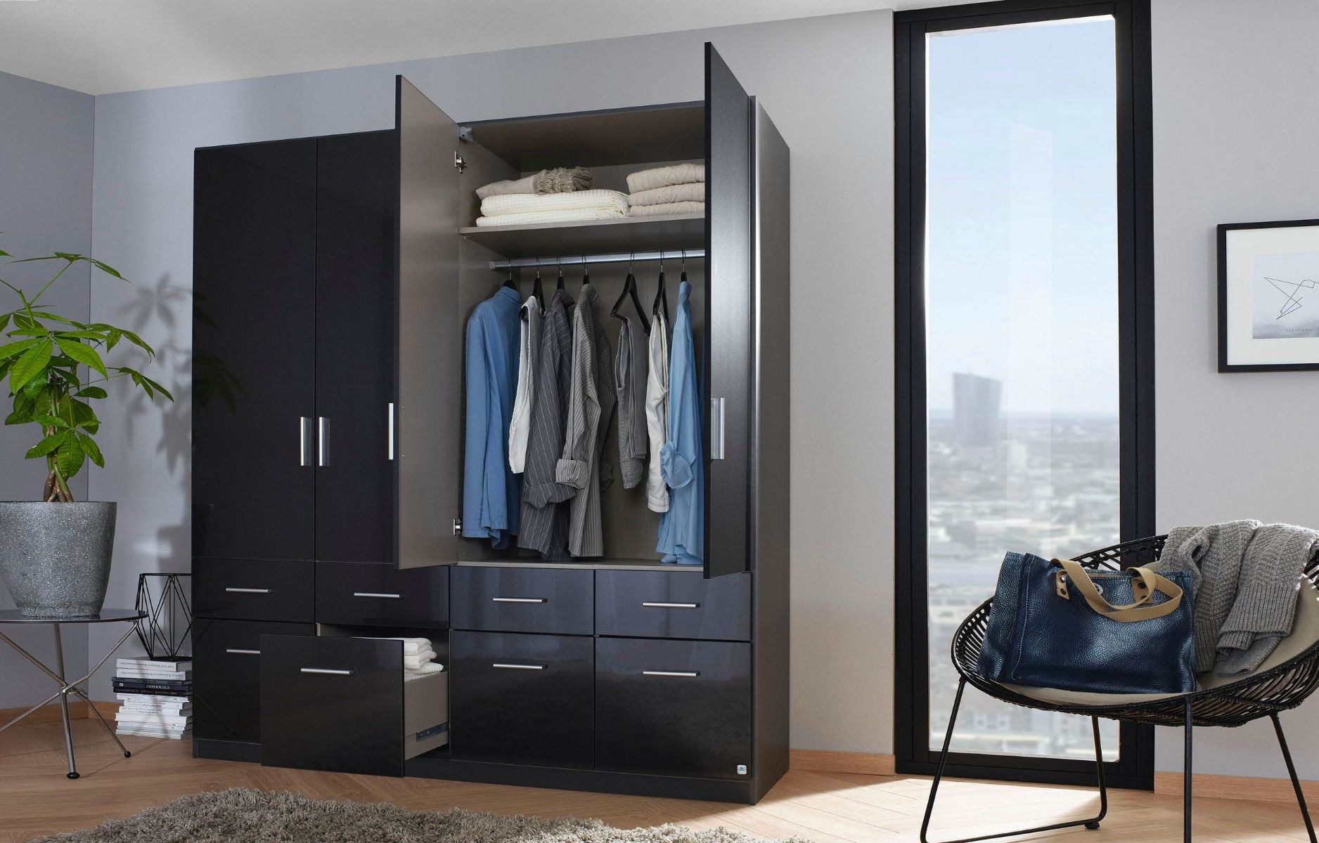Oakwood Rauch Celle High Polish Effect Grey 4 Door Hinged Combi Wardrobe
