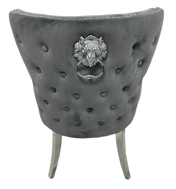 Oakwood Lewis Dark Grey Lion Knockerback Plush Velvet Dining Chairs
