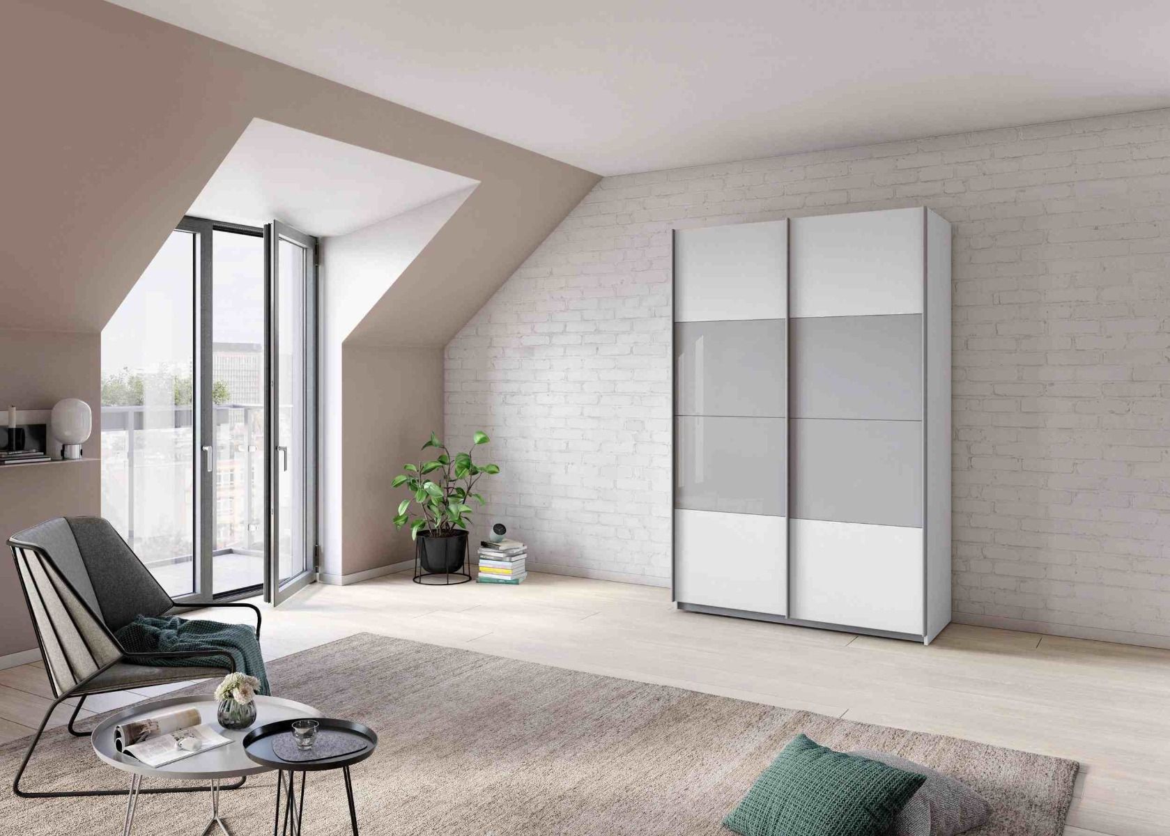 Oakwood Rauch Quadra Silk Grey Glass With White Sliding Door Wardrobe