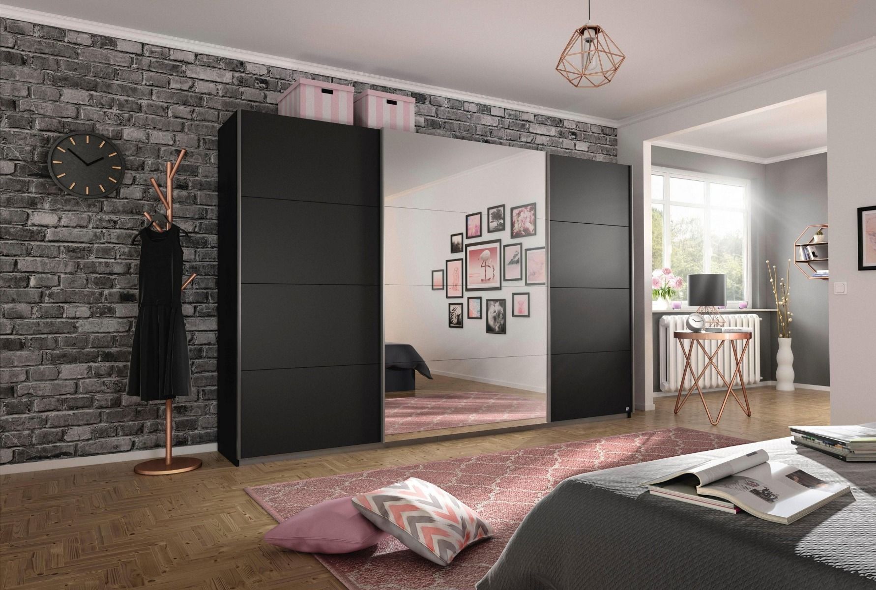 Oakwood Rauch Quadra 3 Sliding Door Wardrobe With Metallic Grey and Mirror Front 315CM