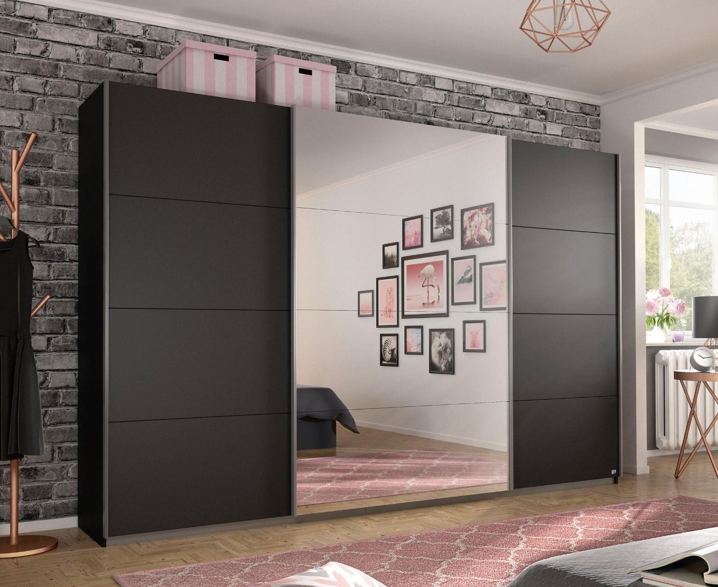 Oakwood Rauch Quadra 3 Sliding Door Wardrobe With Metallic Grey and Mirror Front 315CM