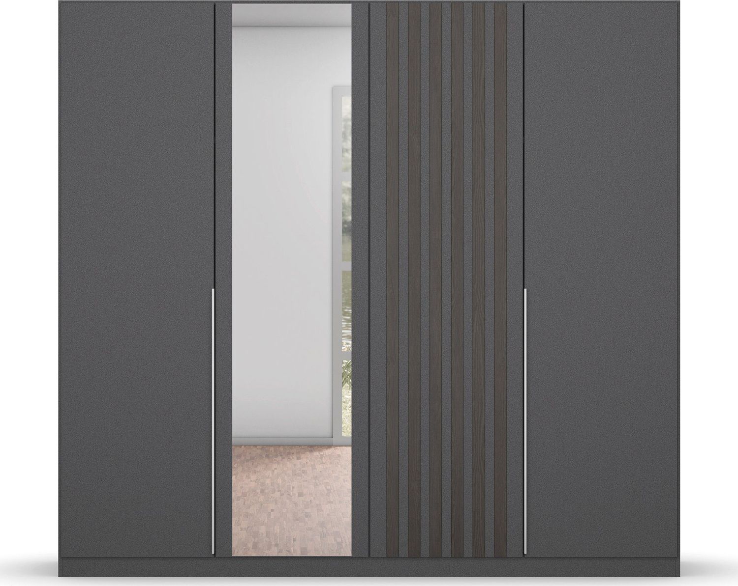 Oakwood Rauch Lamella Metallic Grey black oak and Mirror Front Wardrobe