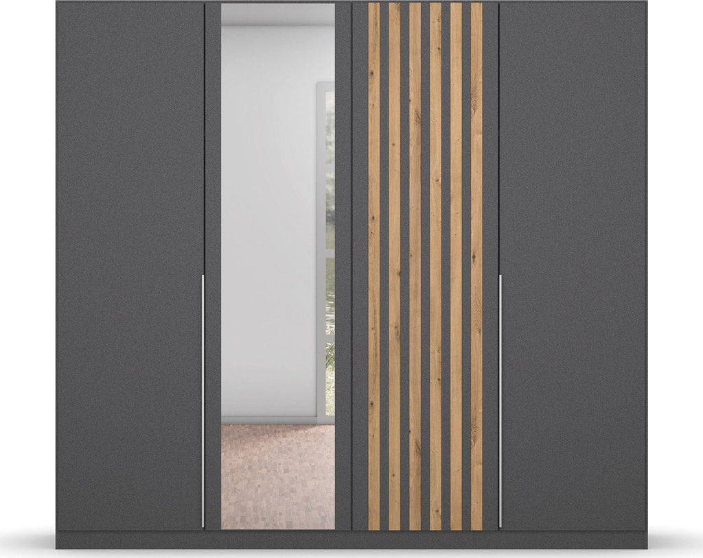 Oakwood Rauch Lamella Metallic Grey artisan oak and Mirror Front Hinged Wardrobe
