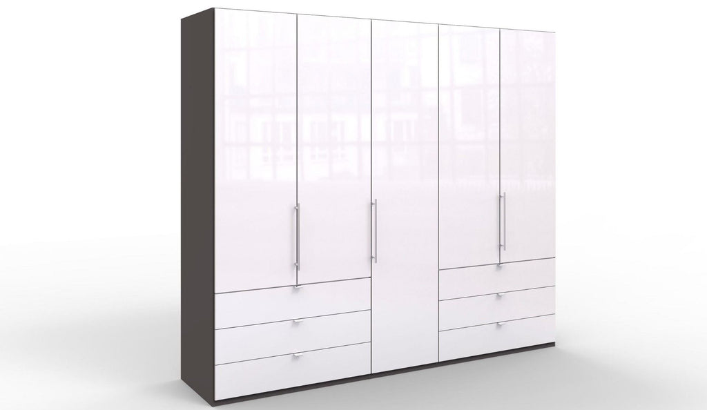 Oakwood Wiemann Loft White Glass Front 250CM Bi-Folding Doors Wardrobe With Drawers