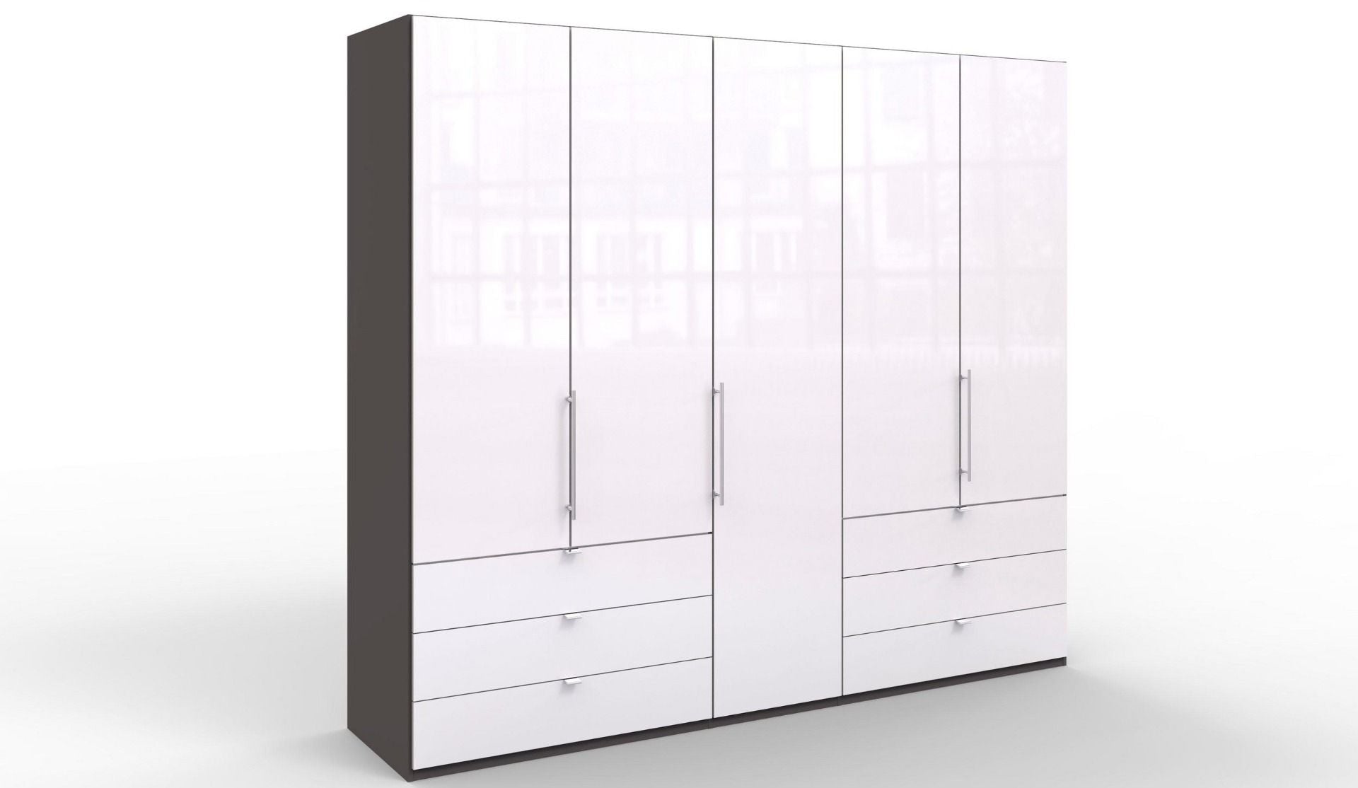 Oakwood Wiemann Loft White Glass Front 250CM Bi-Folding Doors Wardrobe With Drawers