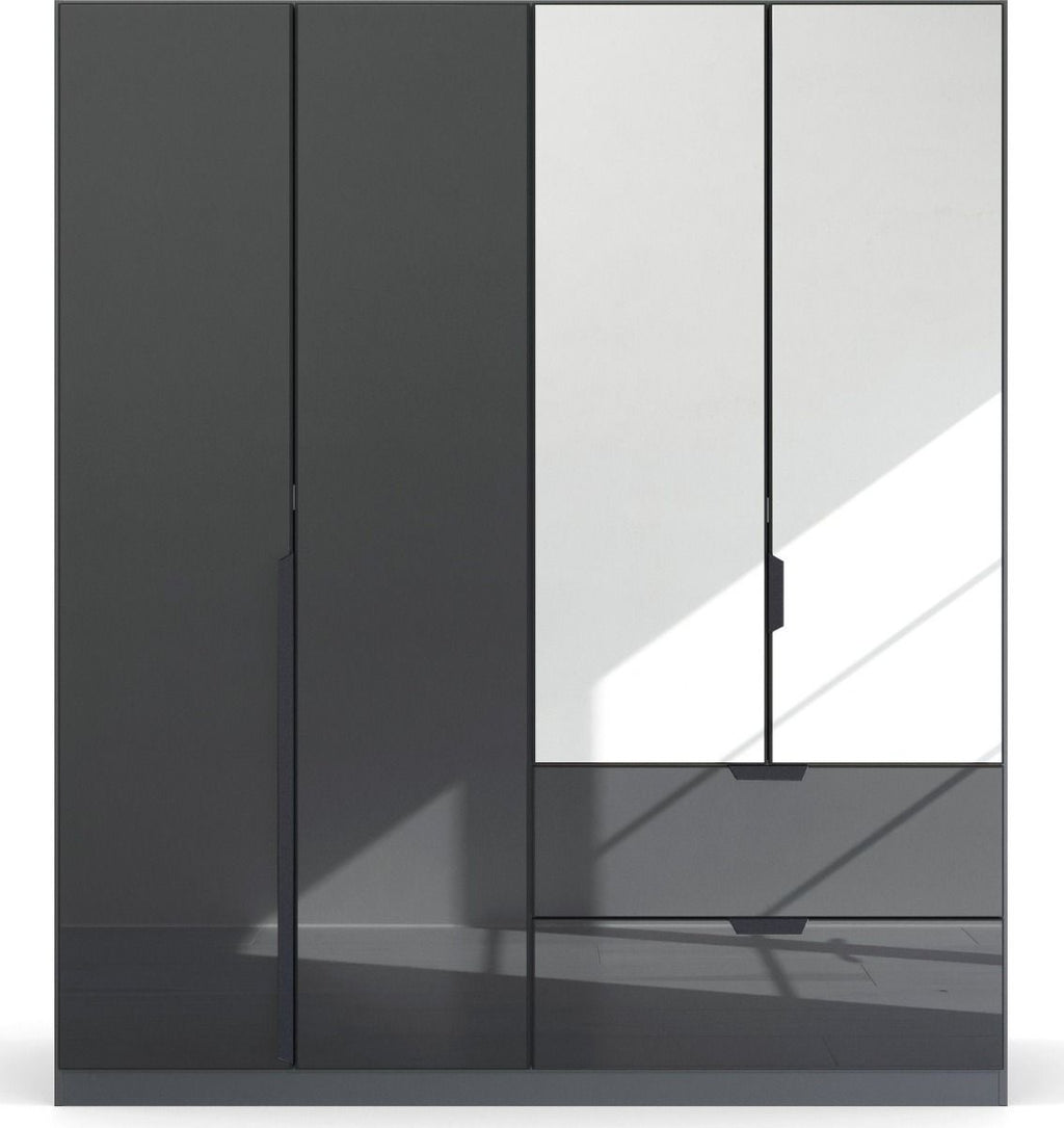 Oakwood Rauch Basalt Glass With Mirror Modern Quadra Spin 4 Door Combi 181CM Wardrobe
