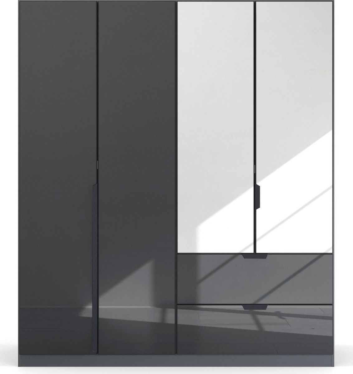 Oakwood Rauch Basalt Glass With Mirror Modern Quadra Spin 4 Door Combi 181CM Wardrobe