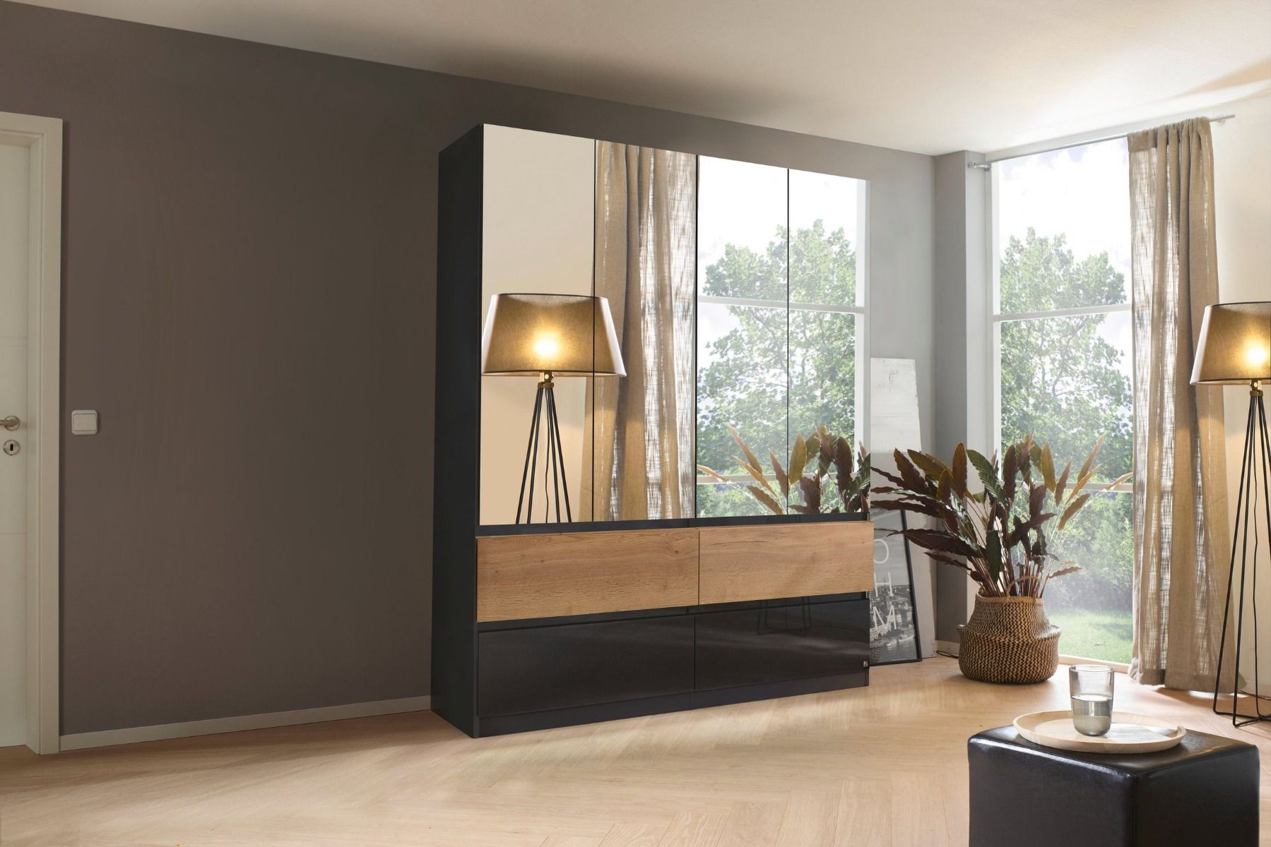 Oakwood Rauch Winnipeg Metallic Grey 4 Door 4 Drawer Wardrobe - Mirror Front