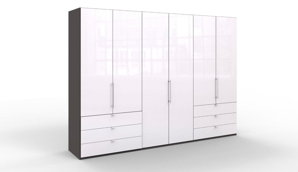 Oakwood Wiemann Loft White Glass Front 300CM Bi-Folding Doors Wardrobe With Drawers