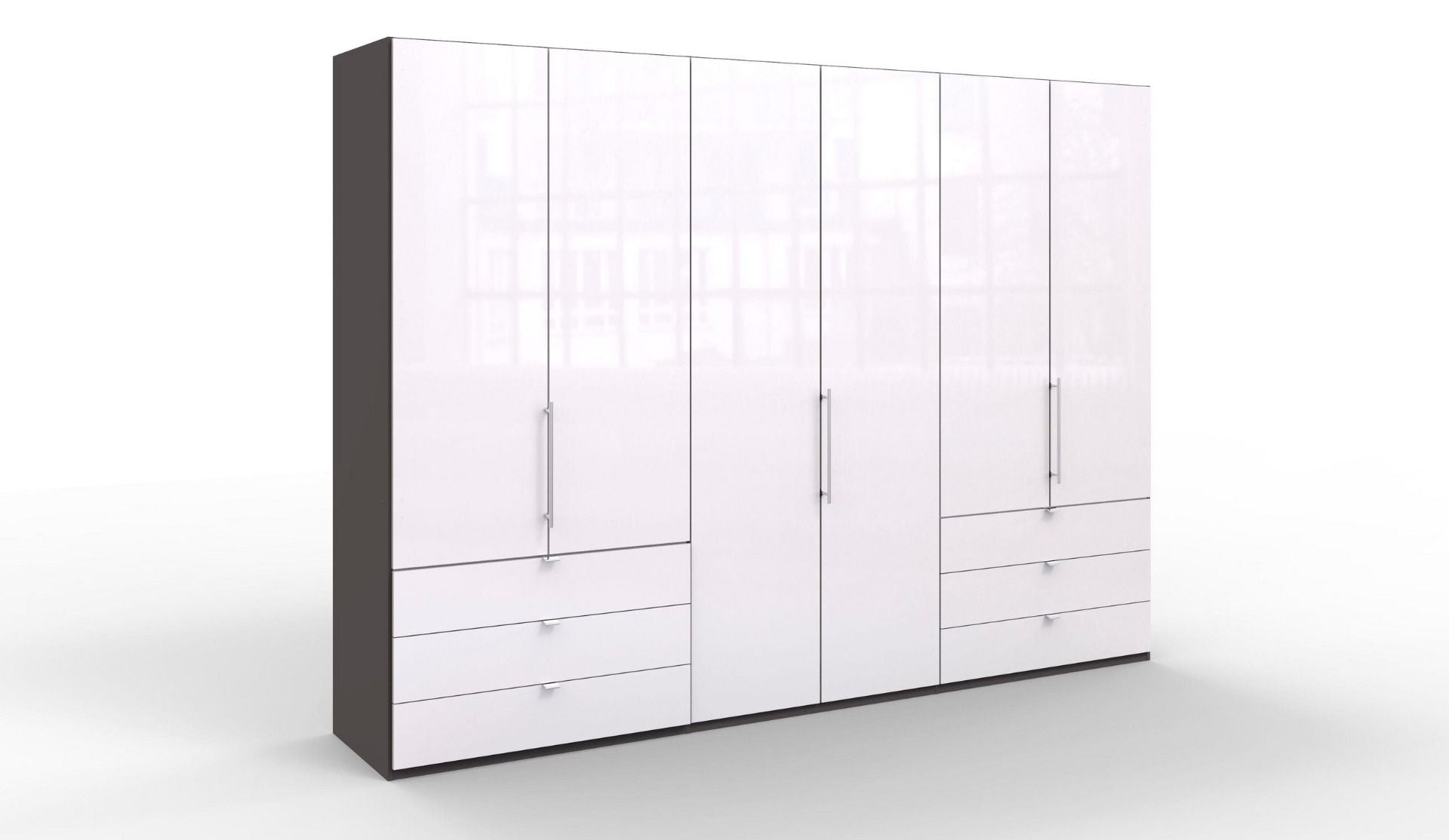 Oakwood Wiemann Loft White Glass Front 300CM Bi-Folding Doors Wardrobe With Drawers