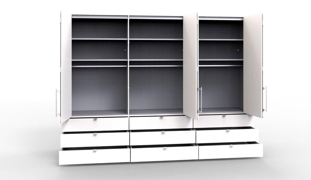 Oakwood Wiemann Loft White Glass Front 300CM Bi-Folding Doors 9 Drawer Wardrobe