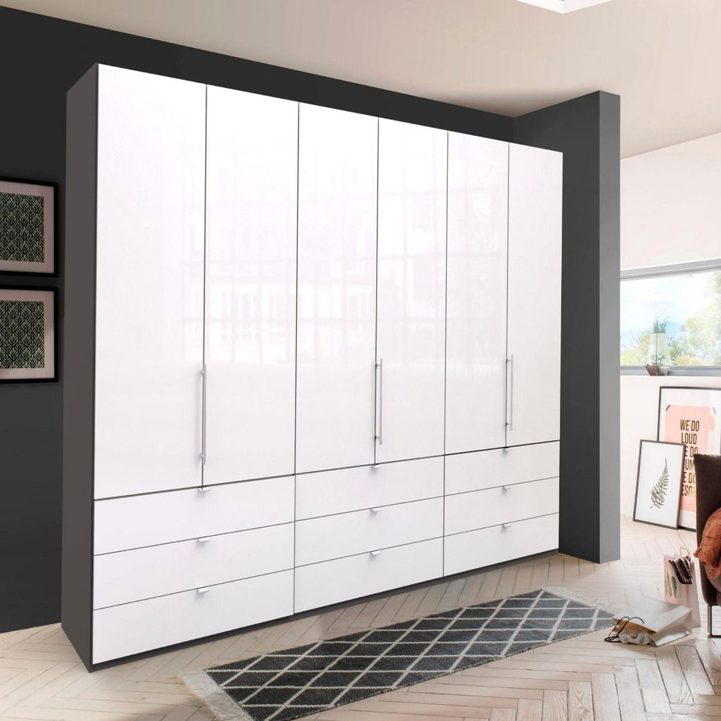Oakwood Wiemann Loft White Glass Front 300CM Bi-Folding Doors 9 Drawer Wardrobe
