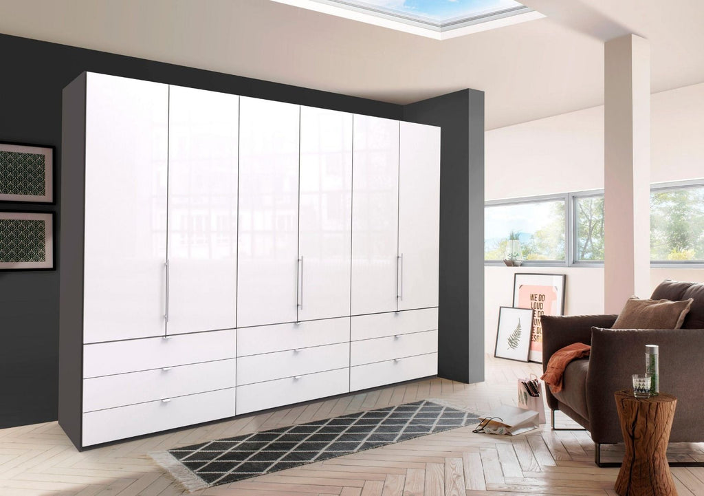 Oakwood Wiemann Loft White Glass Front 300CM Bi-Folding Doors 9 Drawer Wardrobe