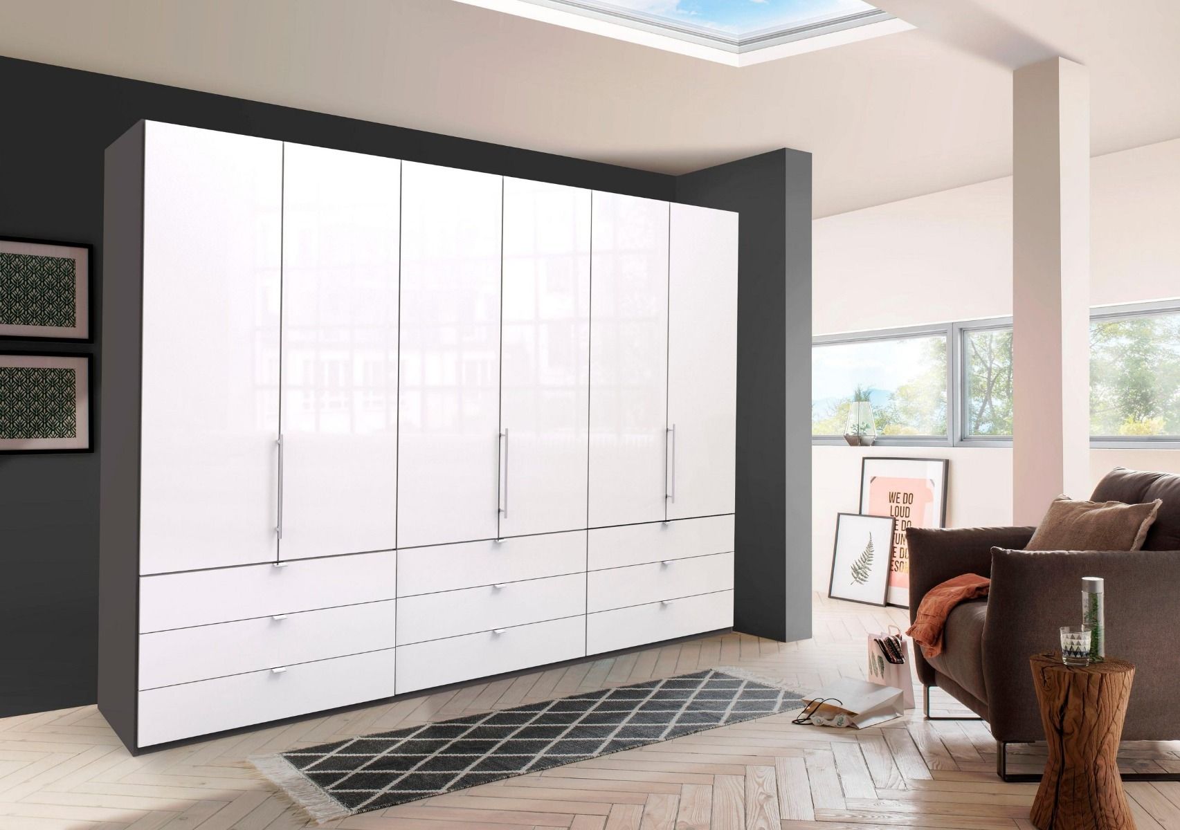 Oakwood Wiemann Loft White Glass Front 300CM Bi-Folding Doors 9 Drawer Wardrobe