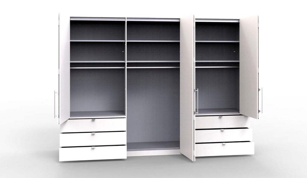 Oakwood Wiemann Loft White Glass Front 300CM Bi-Folding Doors Wardrobe With Drawers