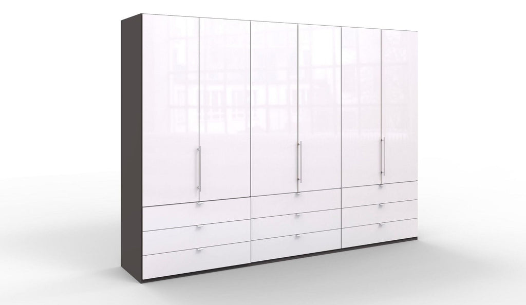 Oakwood Wiemann Loft White Glass Front 300CM Bi-Folding Doors 9 Drawer Wardrobe