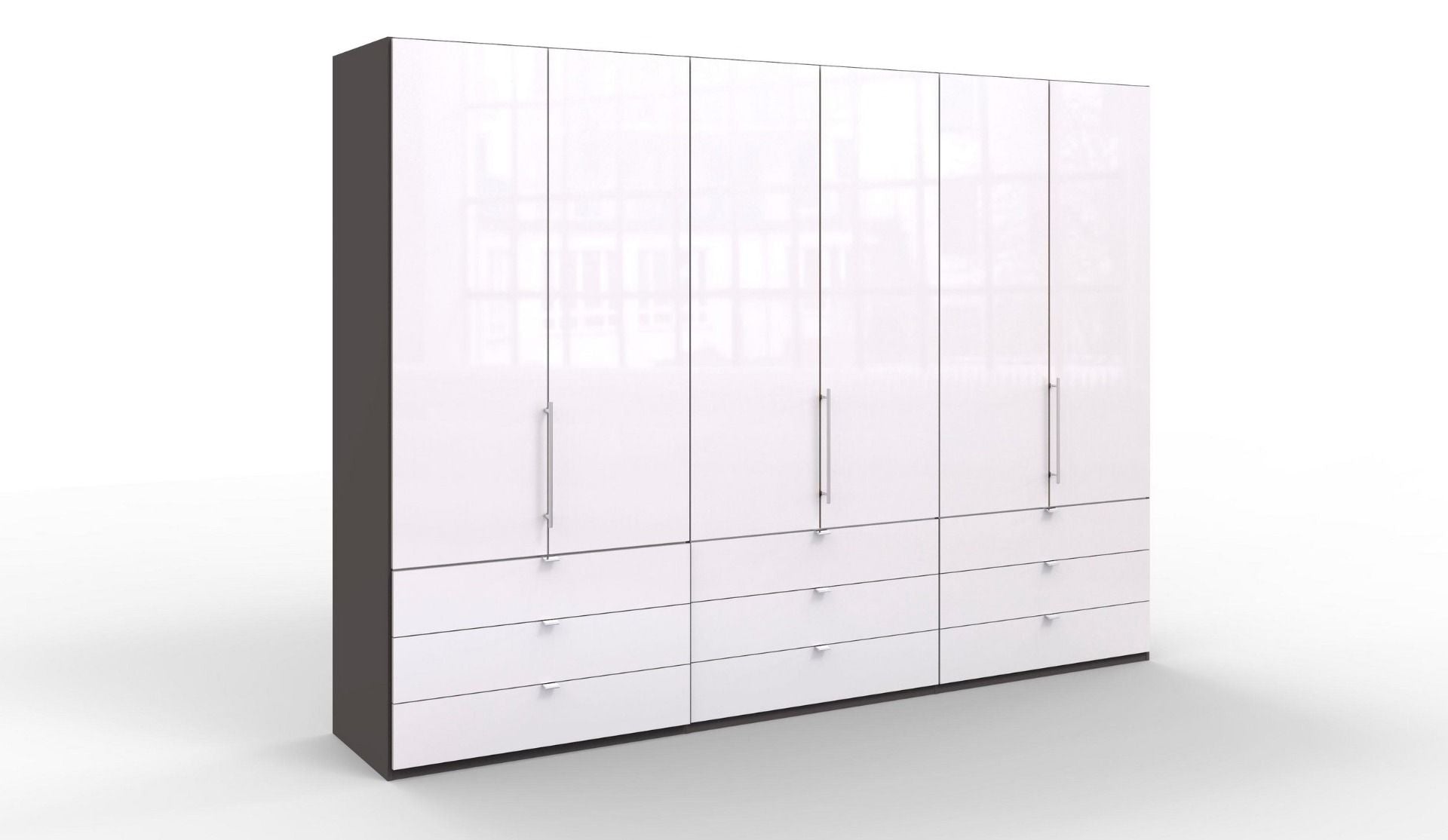 Oakwood Wiemann Loft White Glass Front 300CM Bi-Folding Doors 9 Drawer Wardrobe