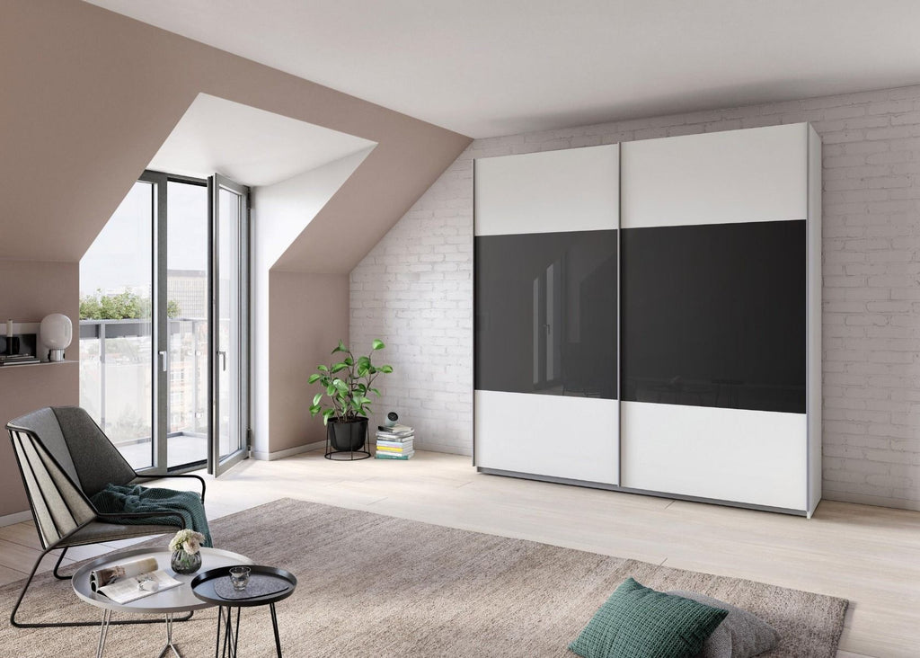 Oakwood Rauch Quadra Silk Grey Glass With White Sliding Door Wardrobe