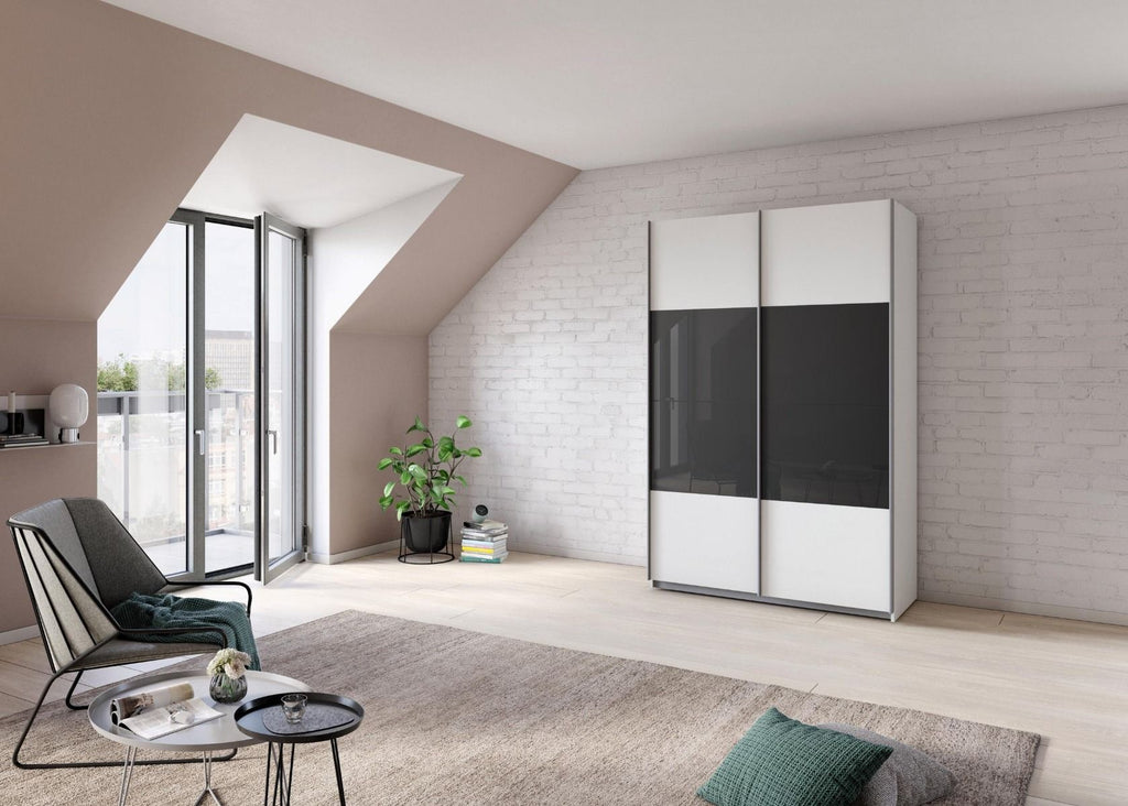 Oakwood Rauch Quadra Silk Grey Glass With White Sliding Door Wardrobe