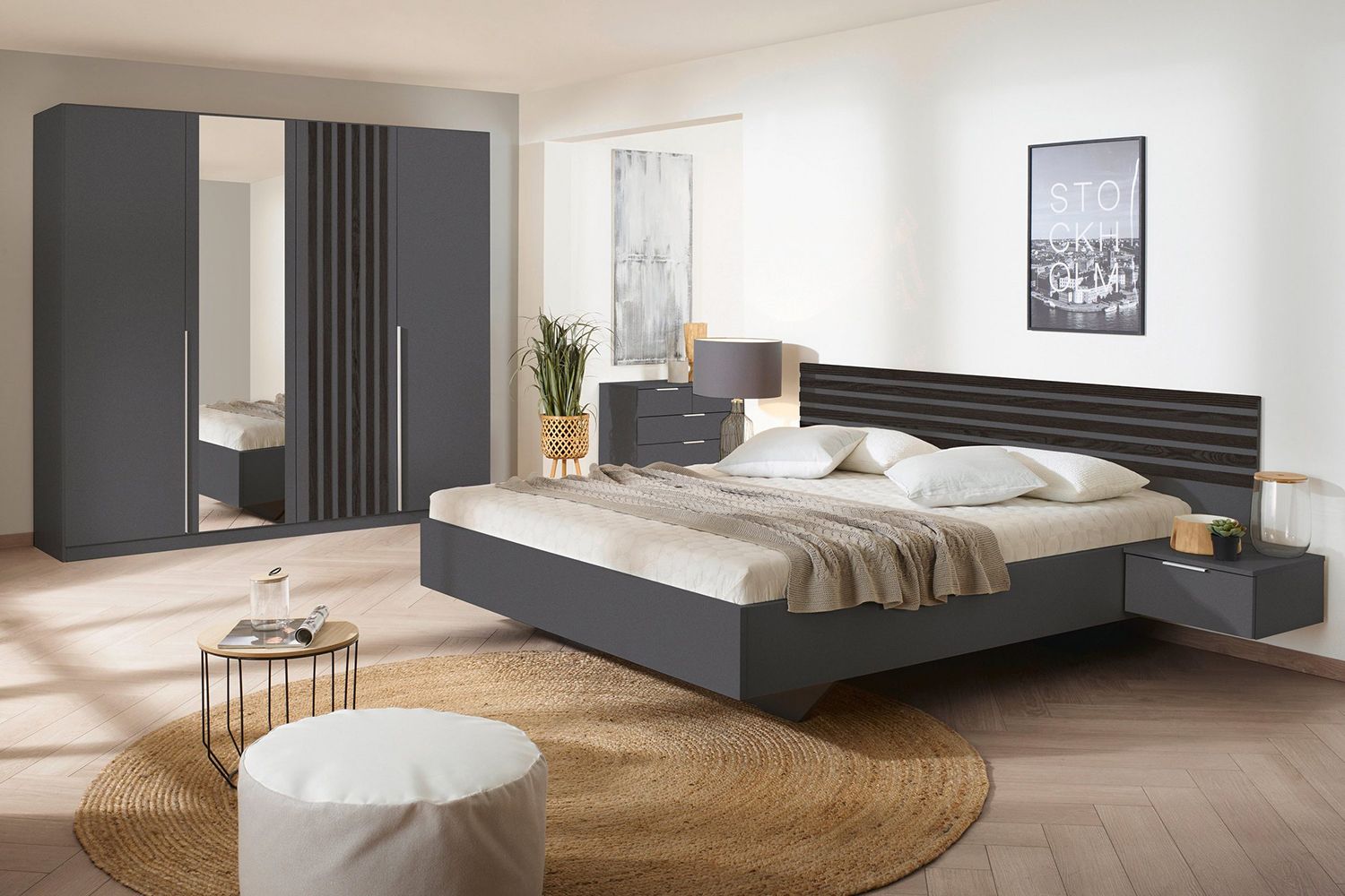 Oakwood Rauch Lamella Metallic Grey black oak and Mirror Front Wardrobe