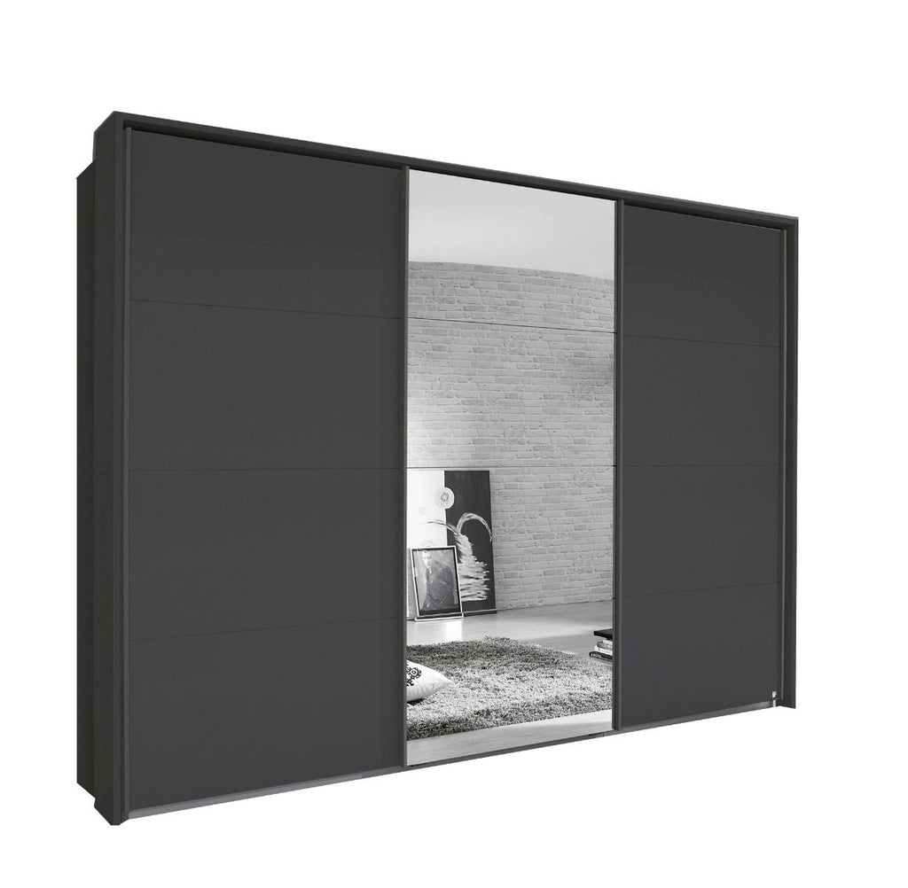 Oakwood Rauch Quadra 3 Sliding Door Wardrobe With Metallic Grey and Mirror Front 315CM