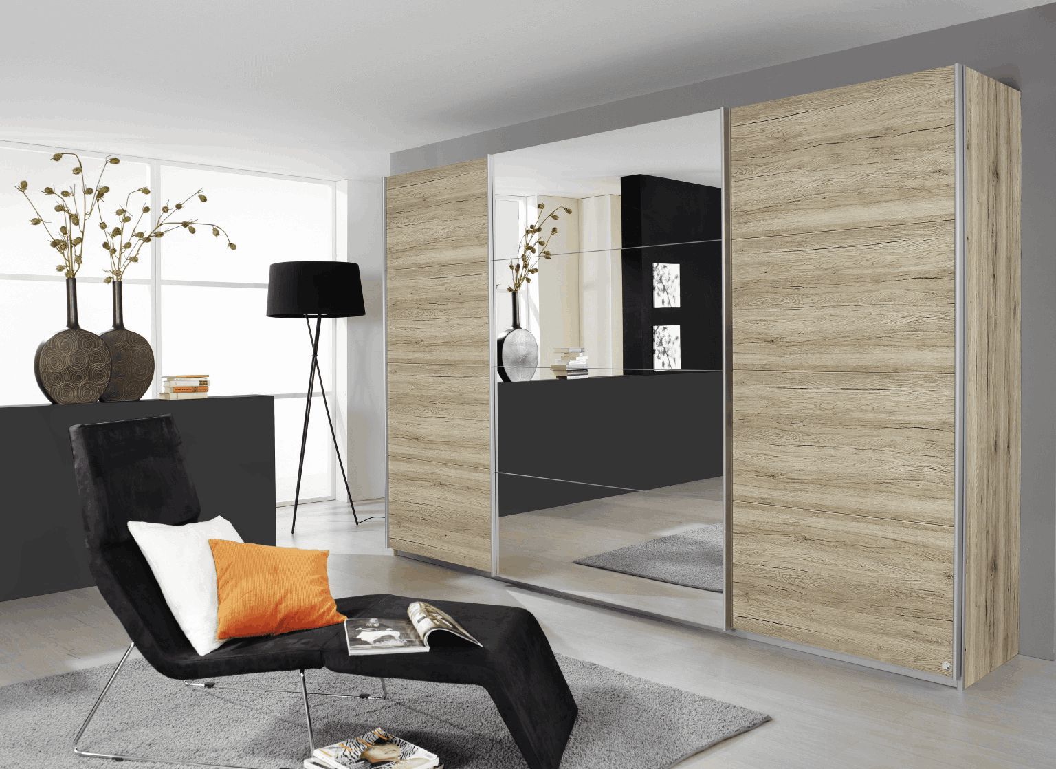 Oakwood Rauch Quadra 3 Sliding Door Wardrobe With Sonoma Oak and Mirror Front