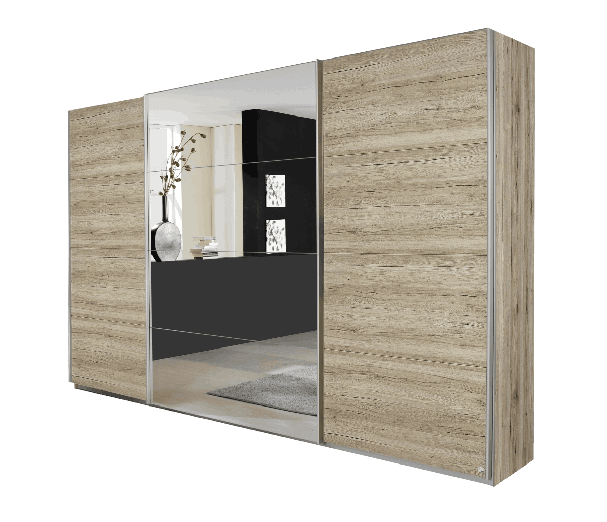 Oakwood Rauch Quadra 3 Sliding Door Wardrobe With Sonoma Oak and Mirror Front