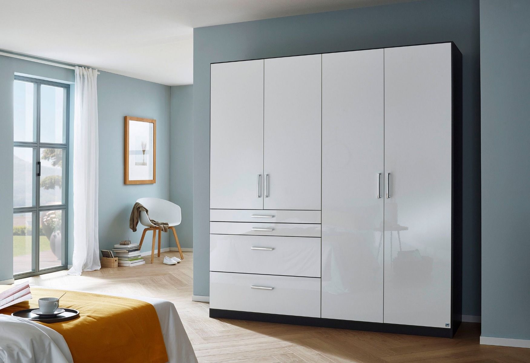 Oakwood Rauch Homburg Metallic Grey and High Gloss White 4 Door Wardrobe