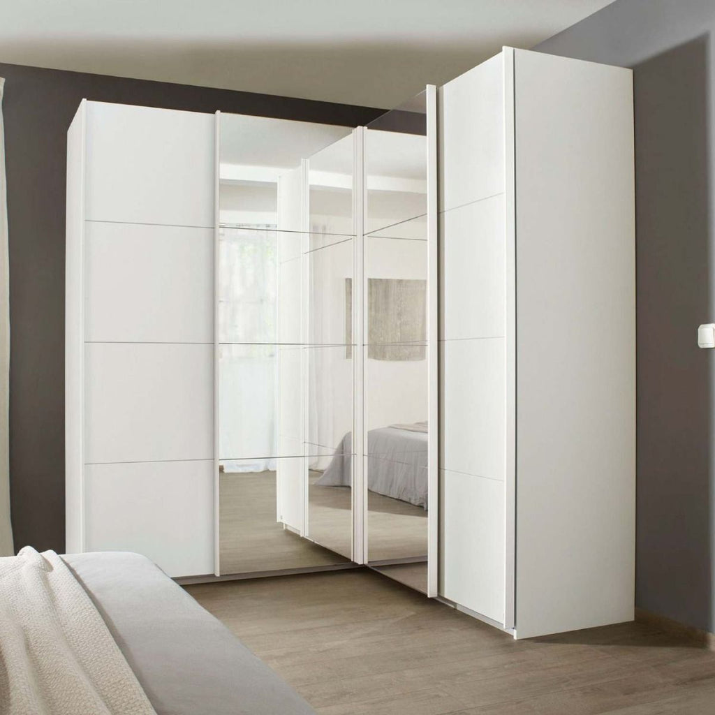 Oakwood Rauch Luma 181cm 4 Door Corner Sliding Wardrobe with 2 Decor Doors and 2 Mirror Doors