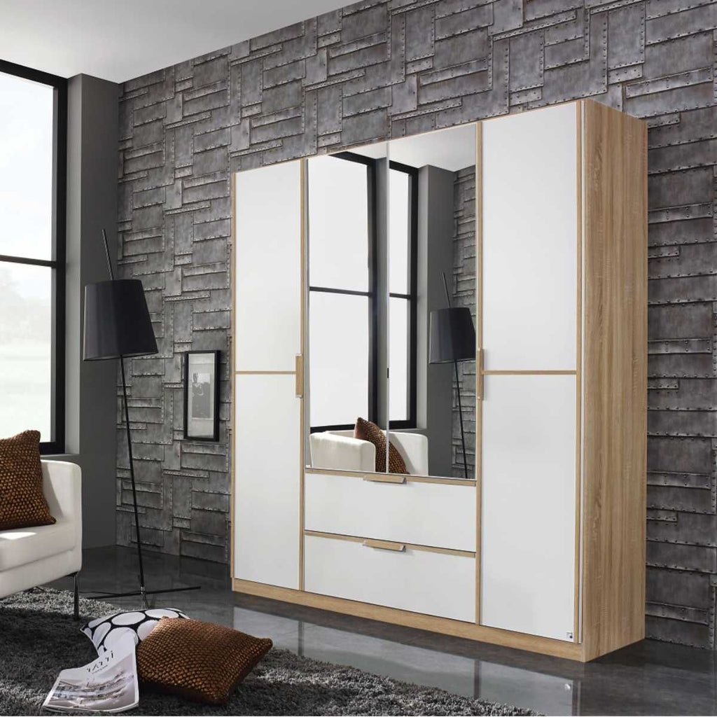 Oakwood Rauch Essensa Sonoma Oak 4 Door Hinged Combi Wardrobe With Mirror