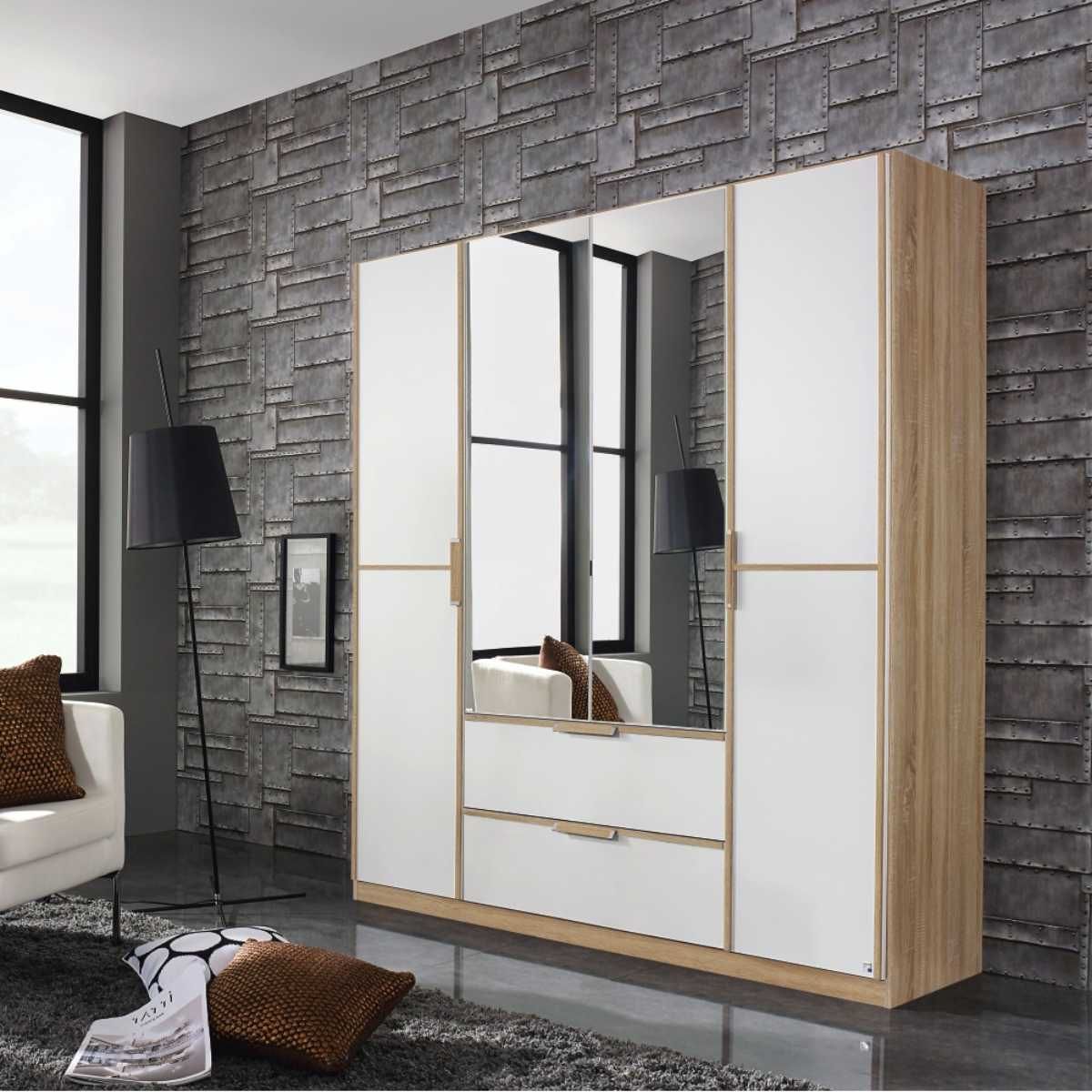 Oakwood Rauch Essensa Sonoma Oak 4 Door Hinged Combi Wardrobe With Mirror