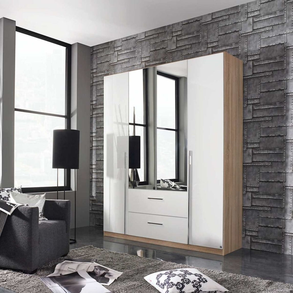 Oakwood Rauch Essensa Sonoma Oak High Polish White Hinged Wardrobe