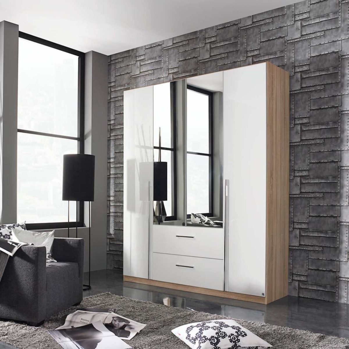 Oakwood Rauch Essensa Sonoma Oak High Polish White Hinged Wardrobe