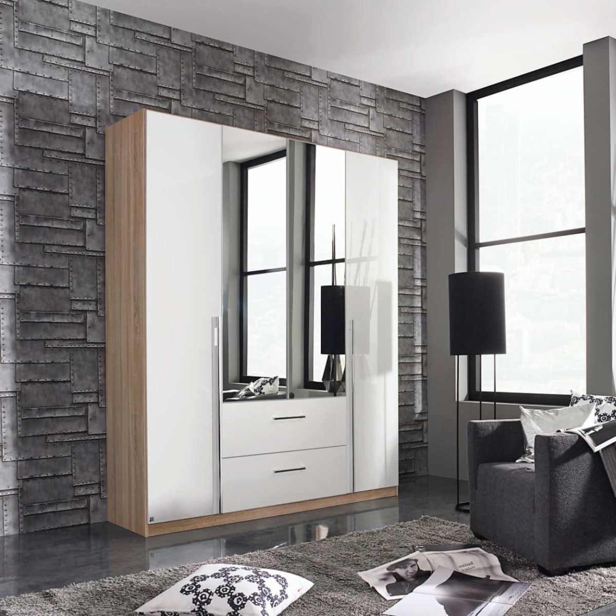 Oakwood Rauch Essensa Sonoma Oak High Polish White Hinged Wardrobe