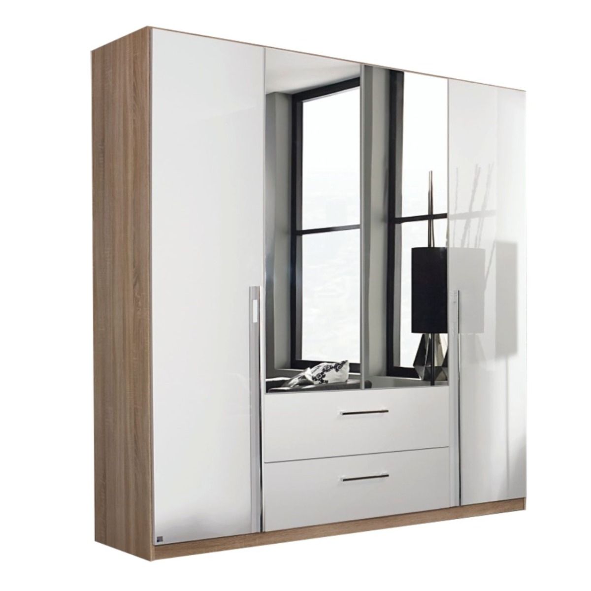 Oakwood Rauch Essensa Sonoma Oak High Polish White Hinged Wardrobe