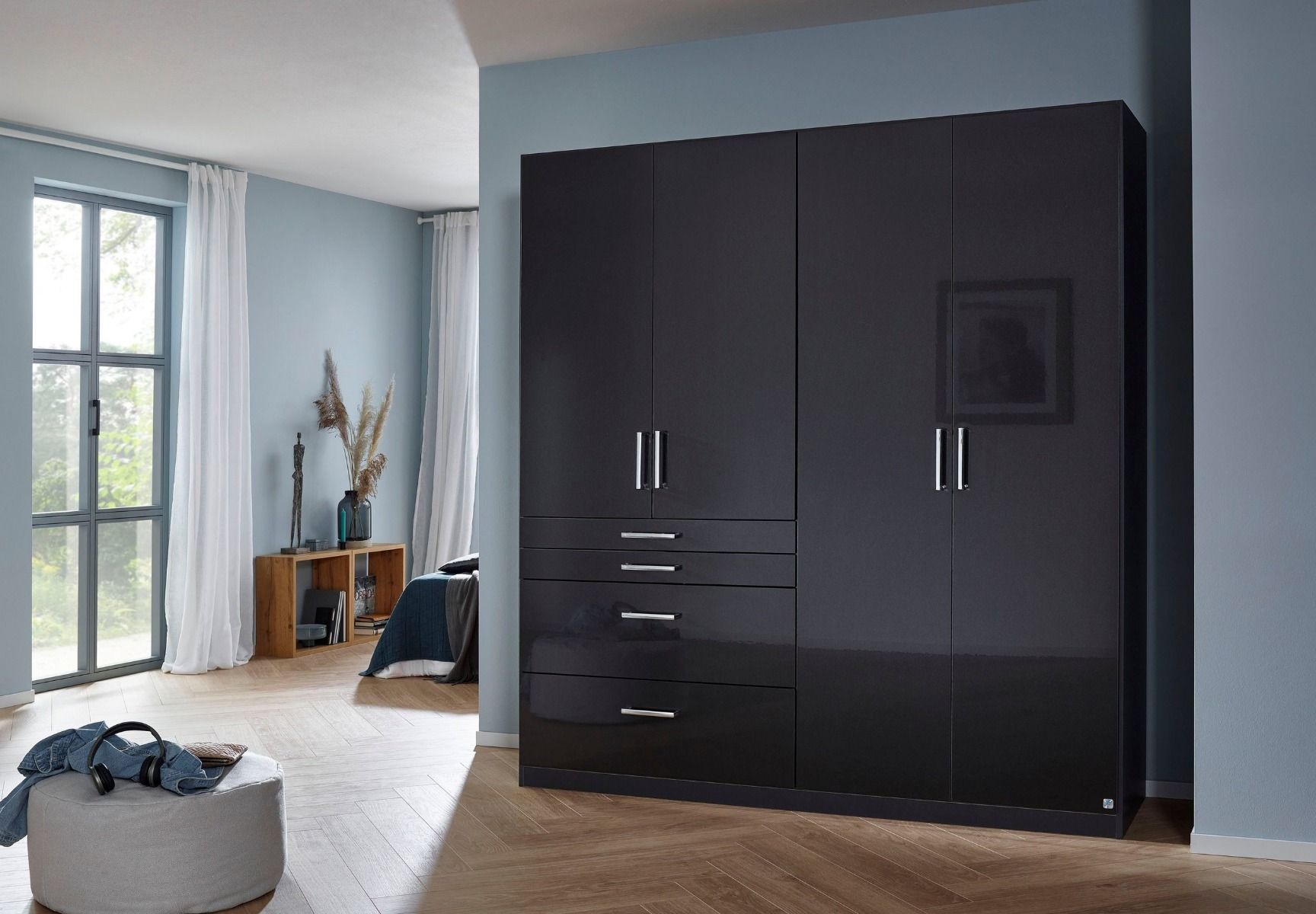 Oakwood Rauch Homburg High Gloss Effect Grey 4 Door Hinged Combi Wardrobe