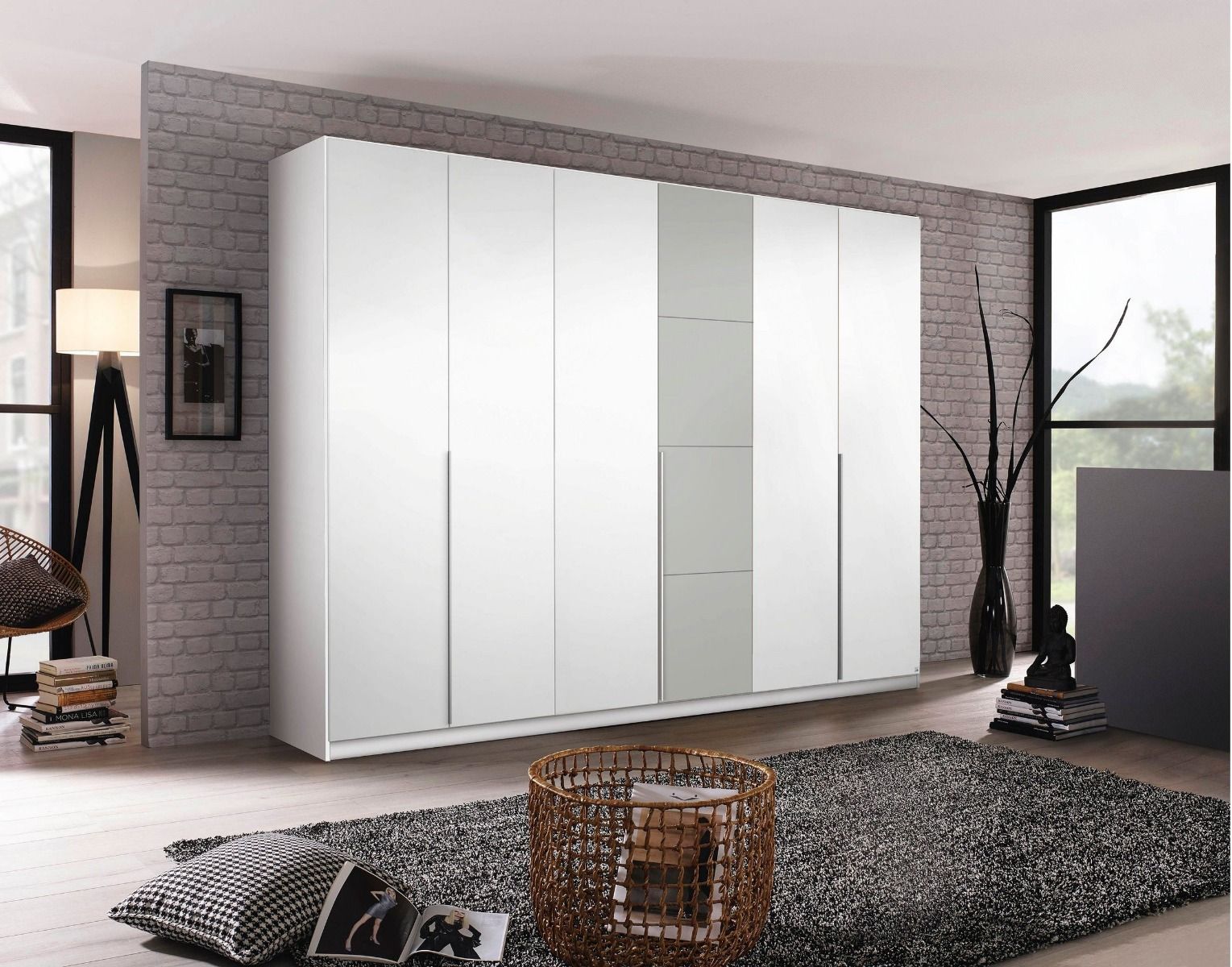 Oakwood Rauch Bellezza High Gloss White and Grey 6 Door Hinged wardrobe