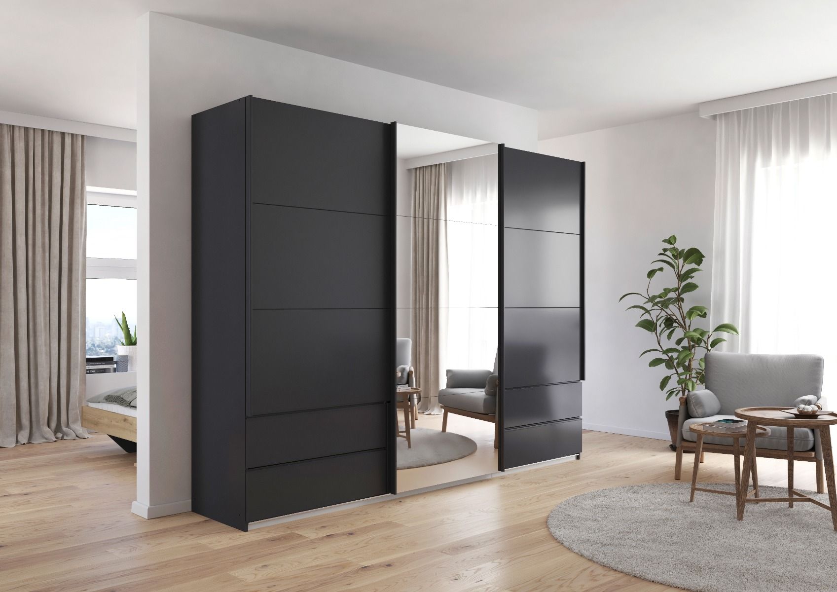 Oakwood Rauch Elara Metallic Grey 3 door Sliding Wardrobe