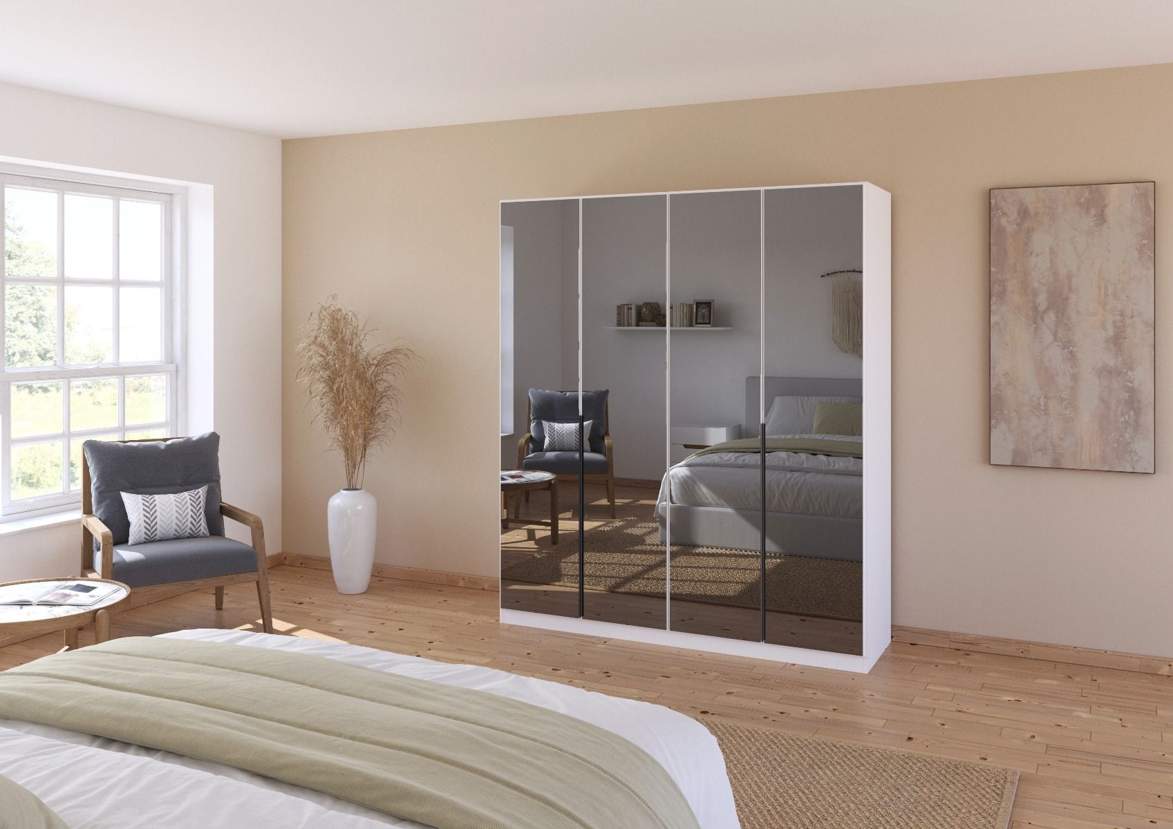 Oakwood Rauch Skyla Alpine White 5 Hinged Door Wardrobe with Full Grey Mirror Front