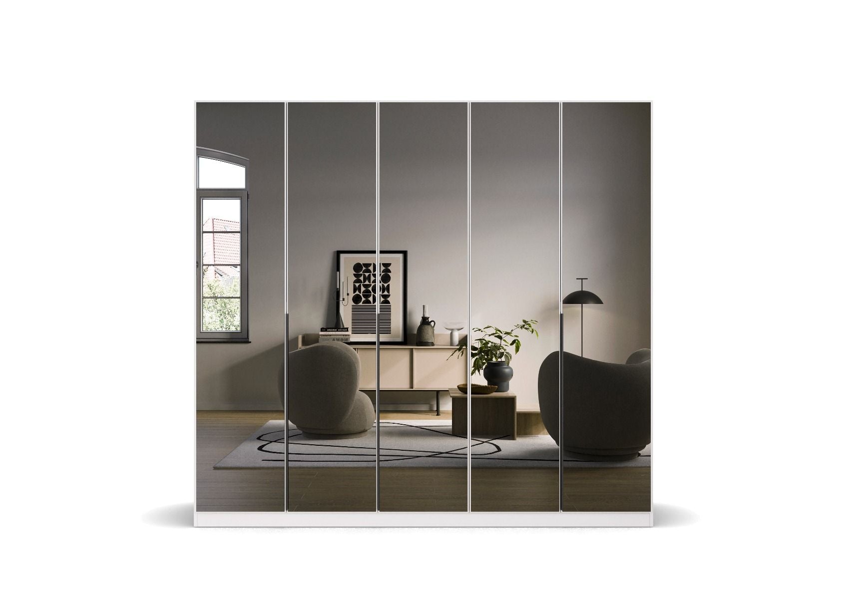 Oakwood Rauch Skyla Alpine White 5 Hinged Door Wardrobe with Full Grey Mirror Front