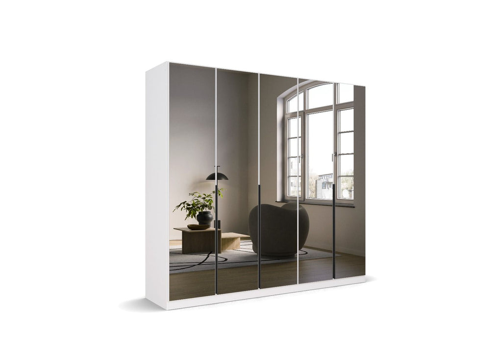 Oakwood Rauch Skyla Alpine White 5 Hinged Door Wardrobe with Full Grey Mirror Front