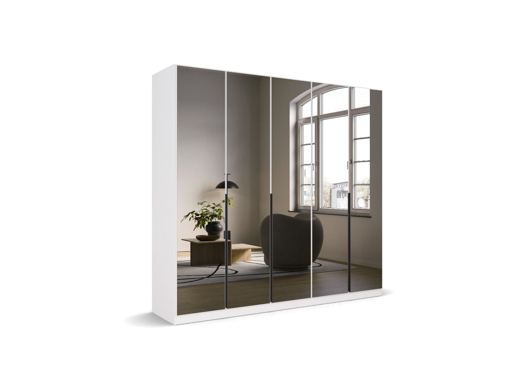 Oakwood Rauch Skyla Alpine White 5 Hinged Door Wardrobe with Full Grey Mirror Front